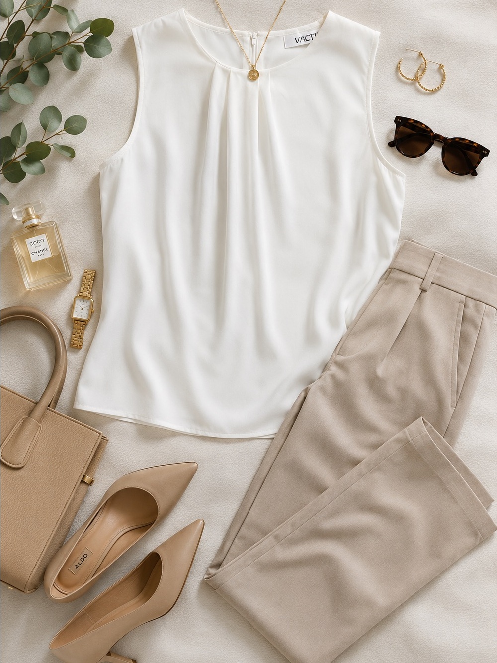 Kasper Cream Sleeveless Pleated-Front Camisole L